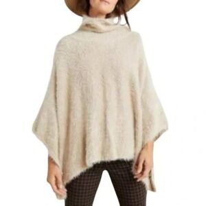 NEW Akemi + Kin Anthropologie‎ Fuzzy Knit Eyelash Trim Turtleneck Poncho Sweater